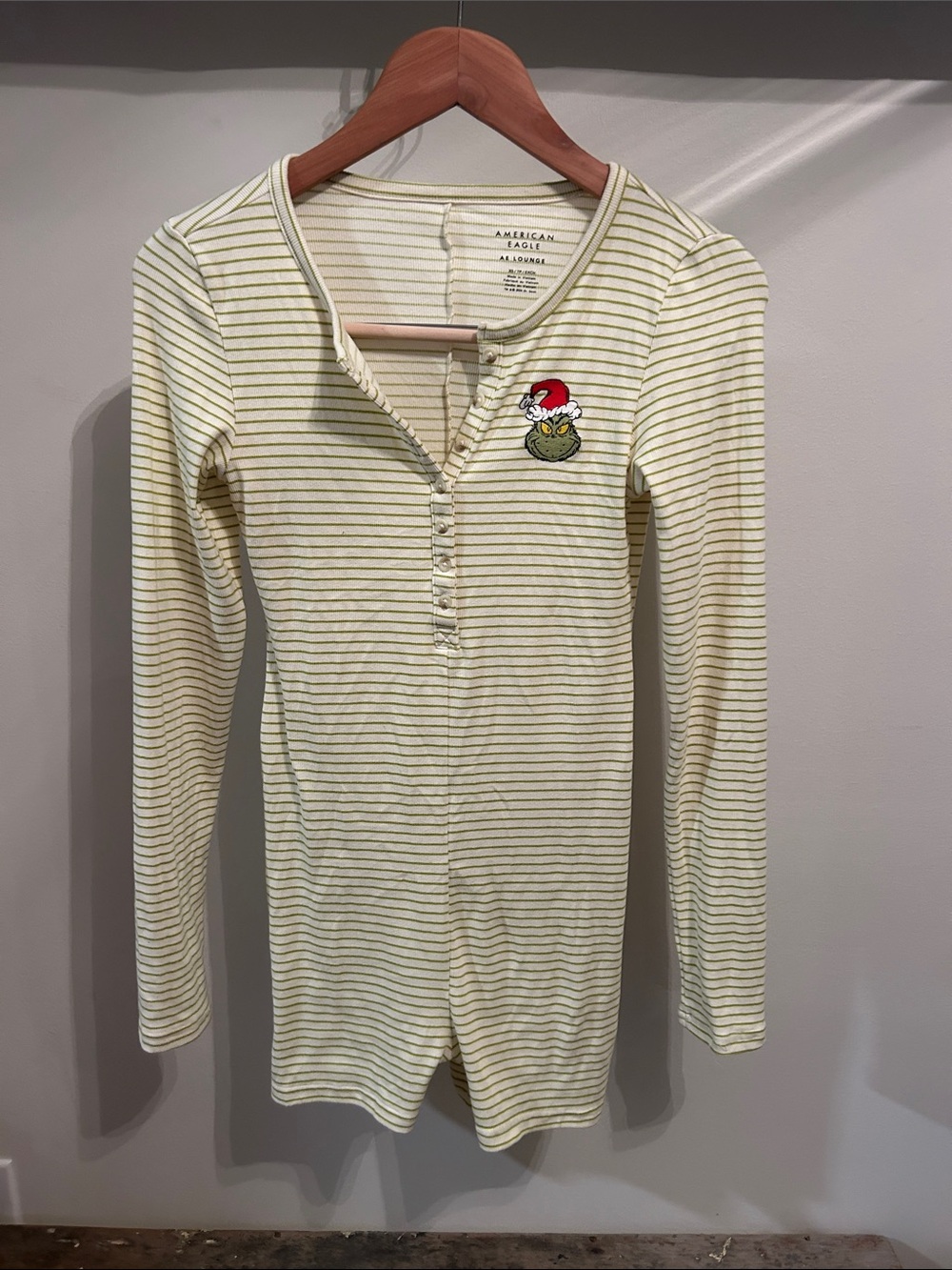 American Eagle Outfitters Yellow and White Striped Grinch Henley Pajama Romper